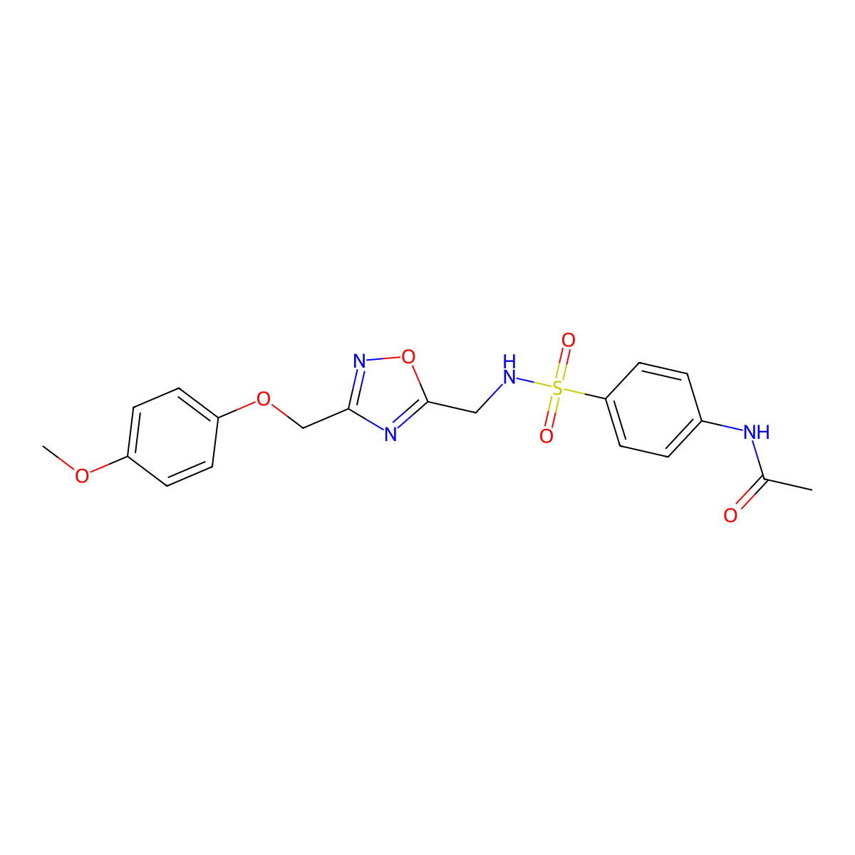 N-(4-(N-((3-((4-methoxyphenoxy)methyl)-1,2,4-oxadiazol-5-yl)methyl)sulfamoyl)phenyl)acetamide molecular structure, CAS 1226448-39-0