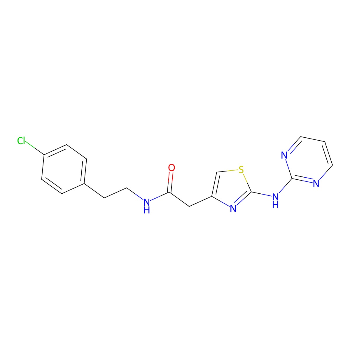 N-(4-chlorophenethyl)-2-(2-(pyrimidin-2-ylamino)thiazol-4-yl)acetamide molecular structure, CAS 1226448-45-8