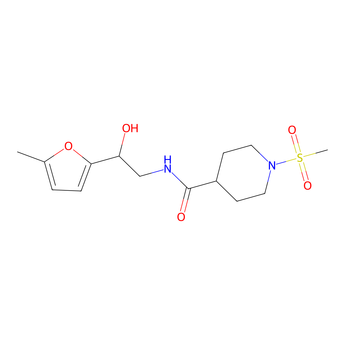 N-(2-hydroxy-2-(5-methylfuran-2-yl)ethyl)-1-(methylsulfonyl)piperidine-4-carboxamide molecular structure, CAS 1226448-52-7