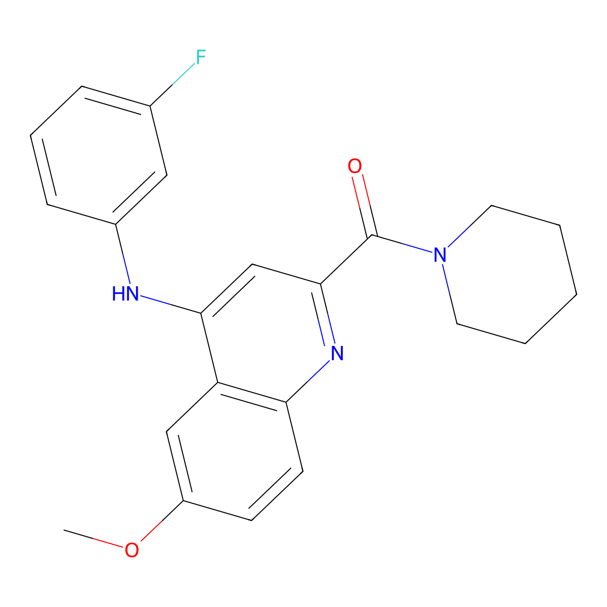 (4-((3-Fluorophenyl)amino)-6-methoxyquinolin-2-yl)(piperidin-1-yl)methanone molecular structure, CAS 1226448-54-9