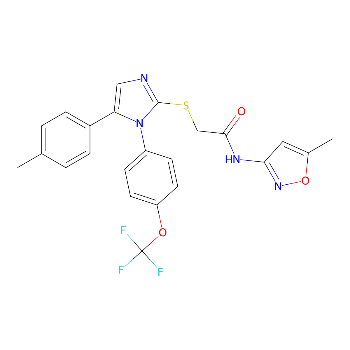 N-(5-methylisoxazol-3-yl)-2-((5-(p-tolyl)-1-(4-(trifluoromethoxy)phenyl)-1H-imidazol-2-yl)thio)acetamide molecular structure, CAS 1226448-57-2