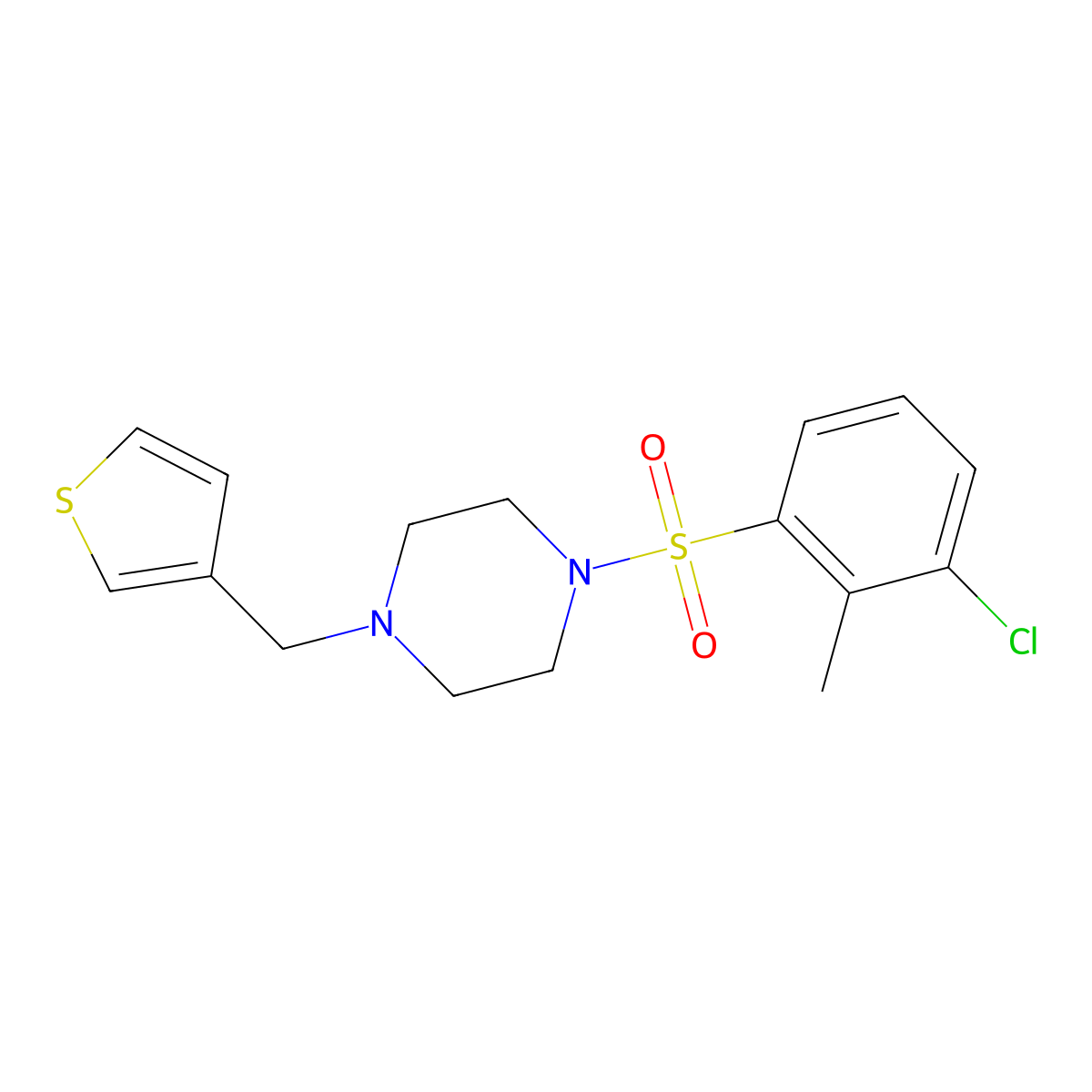 1-((3-Chloro-2-methylphenyl)sulfonyl)-4-(thiophen-3-ylmethyl)piperazine molecular structure, CAS 1226448-58-3