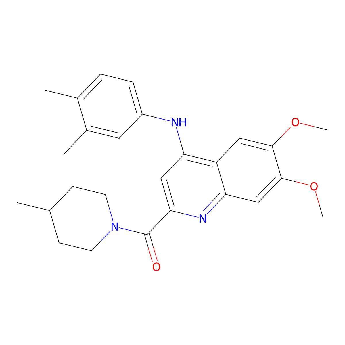 N-(3,4-dimethylphenyl)-6,7-dimethoxy-2-(4-methylpiperidine-1-carbonyl)quinolin-4-amine molecular structure, CAS 1226448-63-0