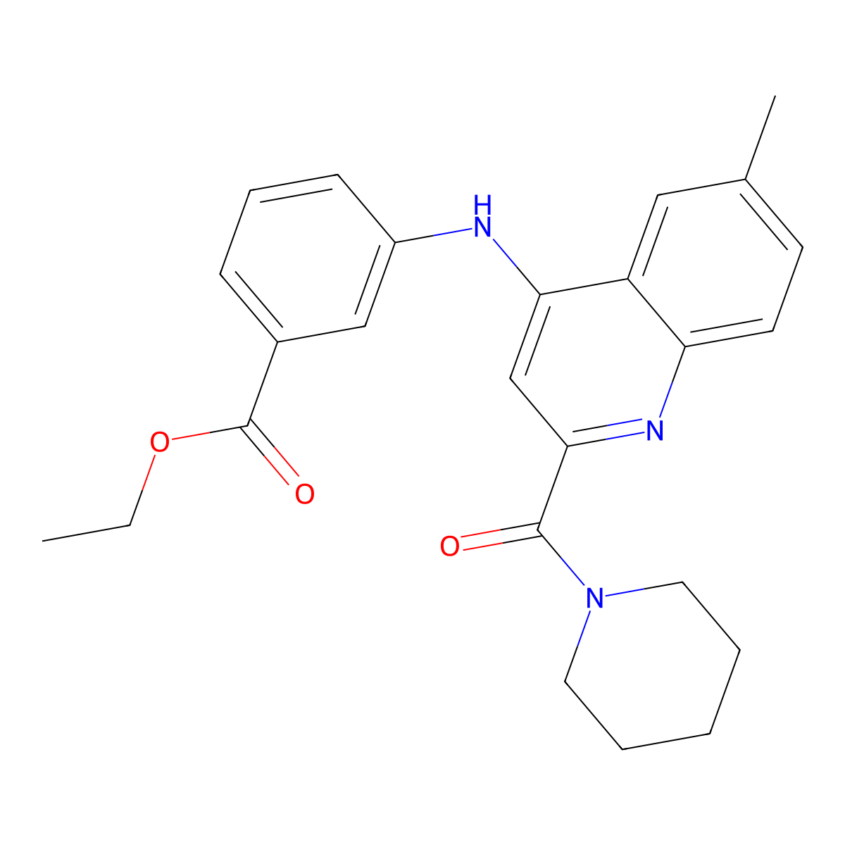 Ethyl 3-{[6-methyl-2-(piperidine-1-carbonyl)quinolin-4-yl]amino}benzoate molecular structure, CAS 1226448-80-1