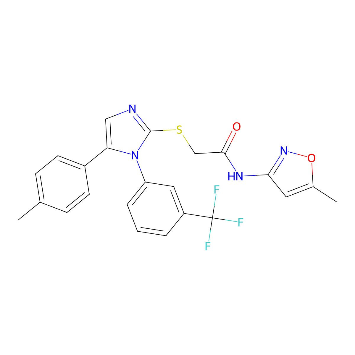 N-(5-methylisoxazol-3-yl)-2-((5-(p-tolyl)-1-(3-(trifluoromethyl)phenyl)-1H-imidazol-2-yl)thio)acetamide molecular structure, CAS 1226449-02-0