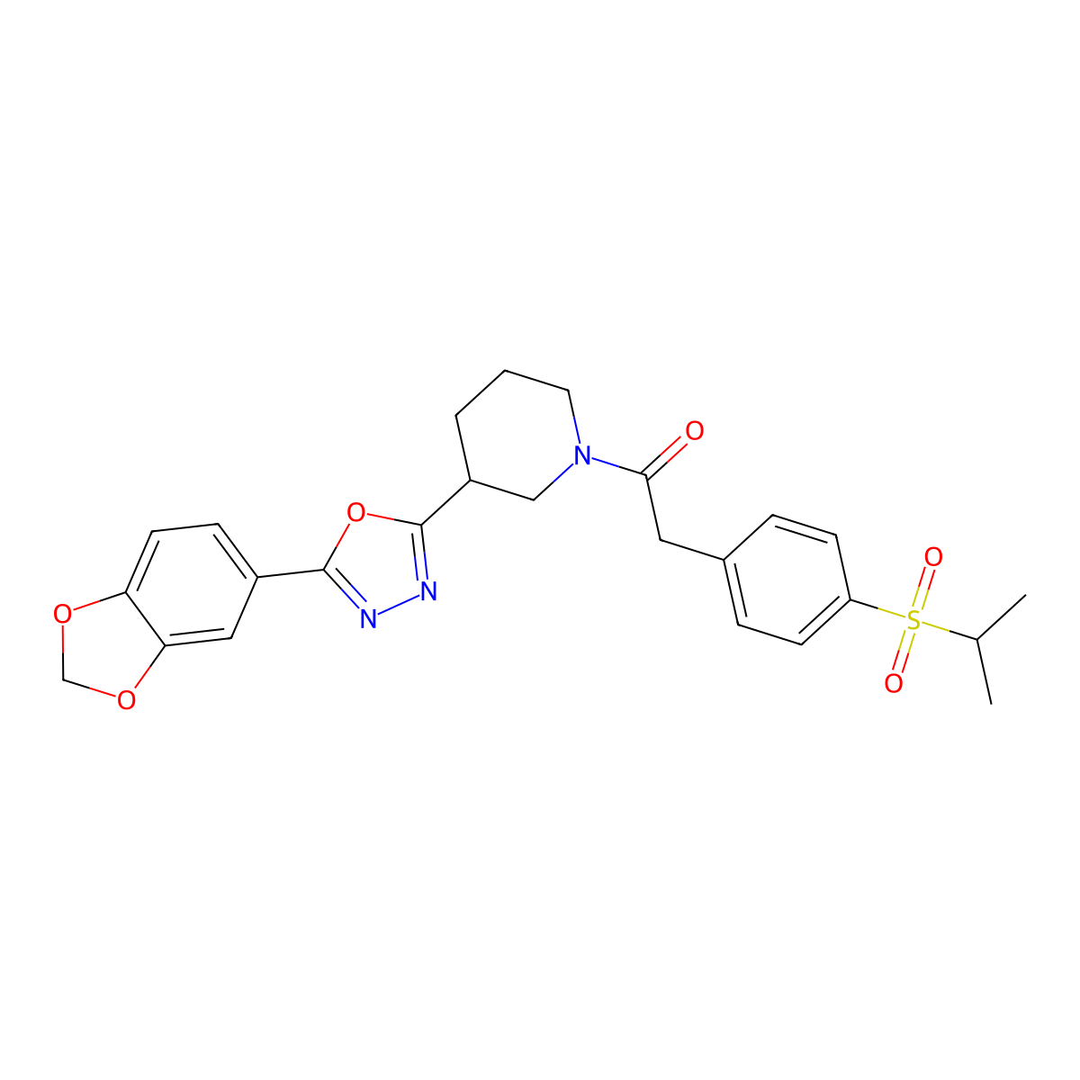 1-(3-(5-(Benzo[d][1,3]dioxol-5-yl)-1,3,4-oxadiazol-2-yl)piperidin-1-yl)-2-(4-(isopropylsulfonyl)phenyl)ethanone molecular structure, CAS 1226449-06-4