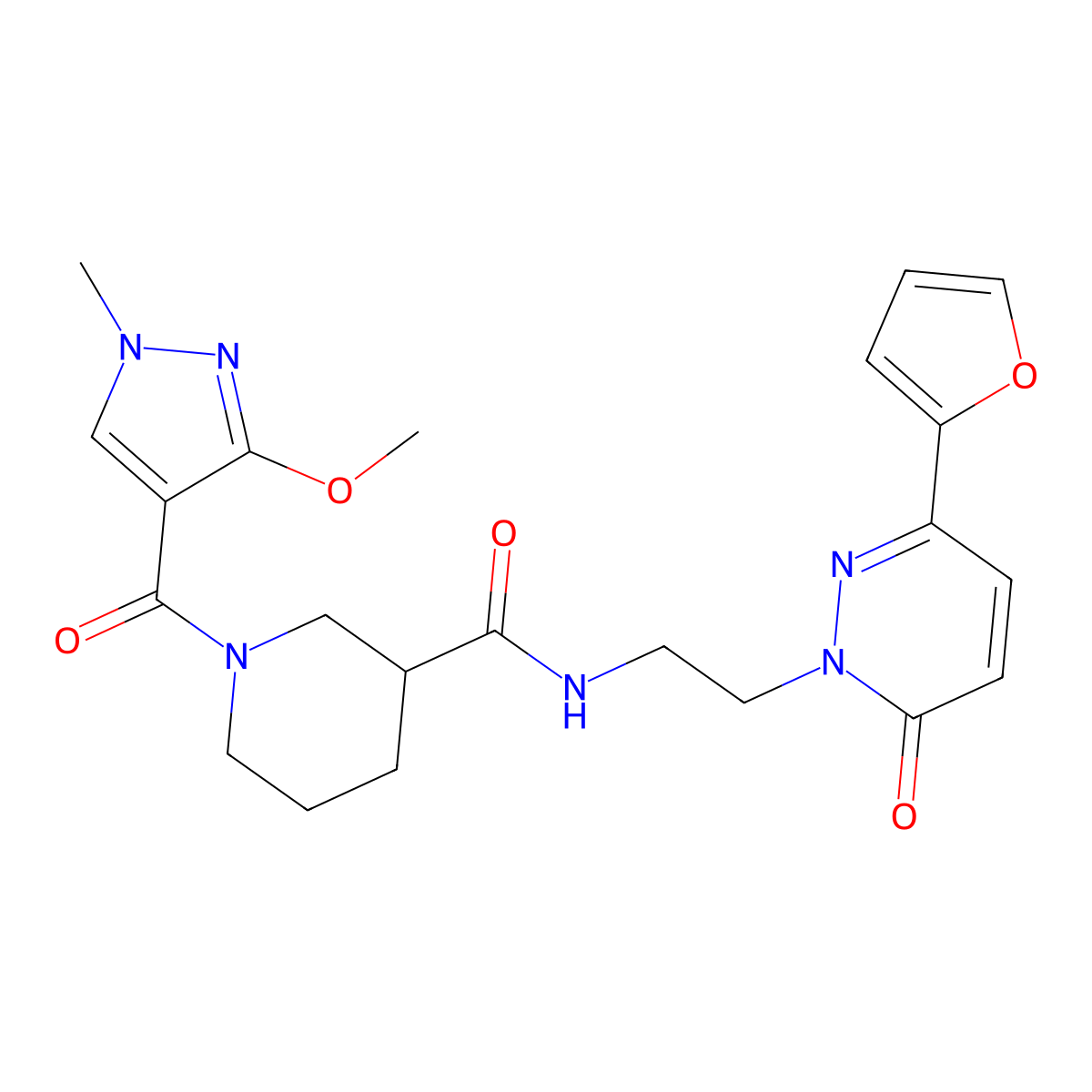 N-(2-(3-(furan-2-yl)-6-oxopyridazin-1(6H)-yl)ethyl)-1-(3-methoxy-1-methyl-1H-pyrazole-4-carbonyl)piperidine-3-carboxamide molecular structure, CAS 1226449-11-1