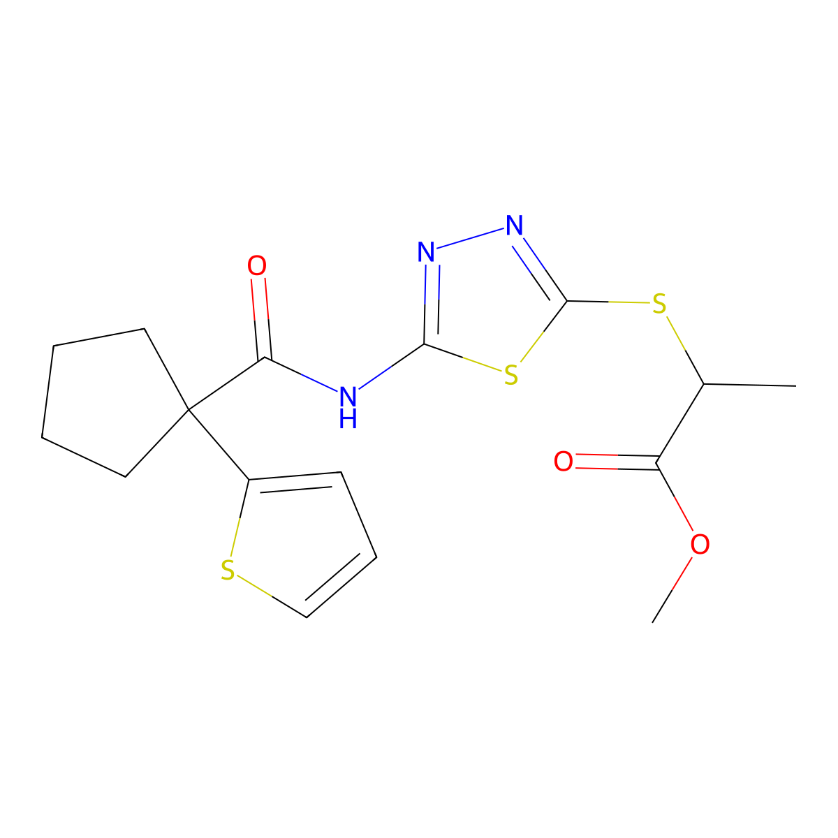 Methyl 2-((5-(1-(thiophen-2-yl)cyclopentanecarboxamido)-1,3,4-thiadiazol-2-yl)thio)propanoate molecular structure, CAS 1226449-12-2