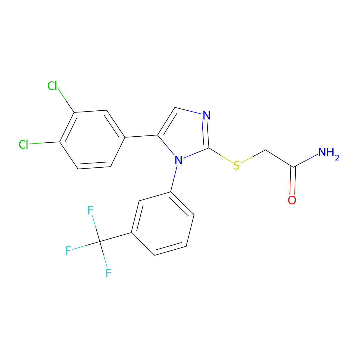 2-((5-(3,4-dichlorophenyl)-1-(3-(trifluoromethyl)phenyl)-1H-imidazol-2-yl)thio)acetamide molecular structure, CAS 1226449-18-8
