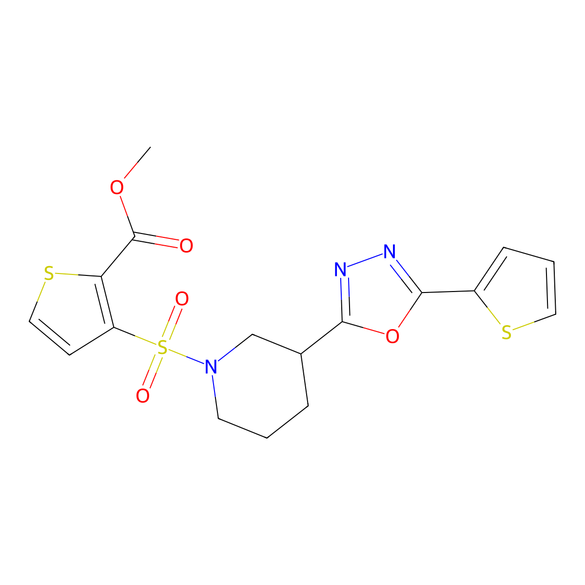 Methyl 3-((3-(5-(thiophen-2-yl)-1,3,4-oxadiazol-2-yl)piperidin-1-yl)sulfonyl)thiophene-2-carboxylate molecular structure, CAS 1226449-19-9