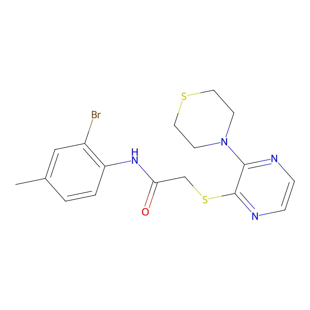 N-(2-bromo-4-methylphenyl)-2-((3-thiomorpholinopyrazin-2-yl)thio)acetamide molecular structure, CAS 1226449-28-0