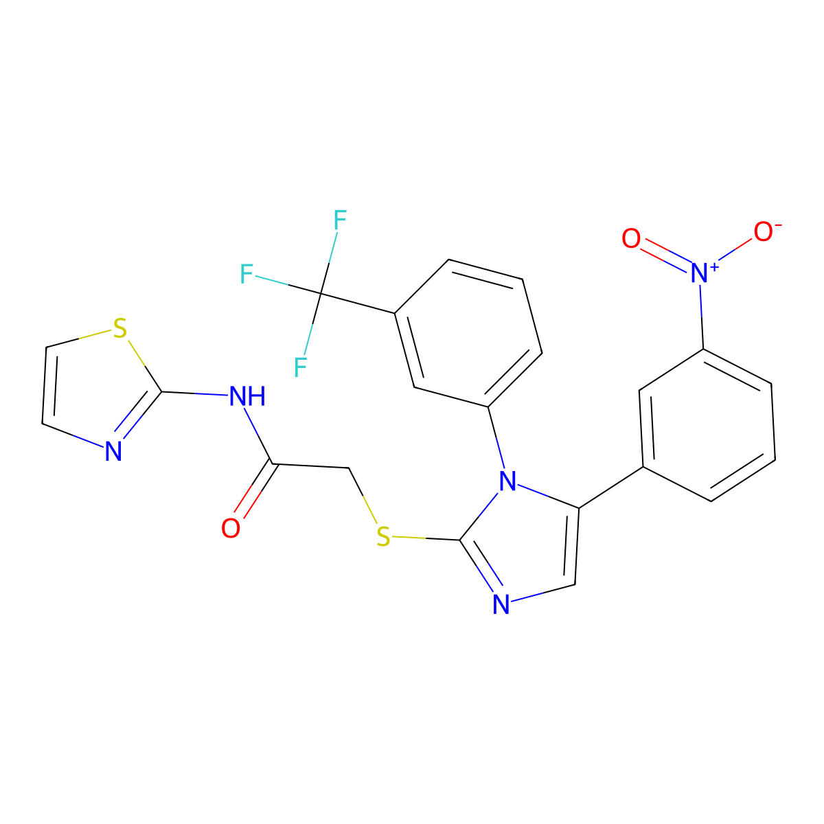2-((5-(3-nitrophenyl)-1-(3-(trifluoromethyl)phenyl)-1H-imidazol-2-yl)thio)-N-(thiazol-2-yl)acetamide molecular structure, CAS 1226449-31-5