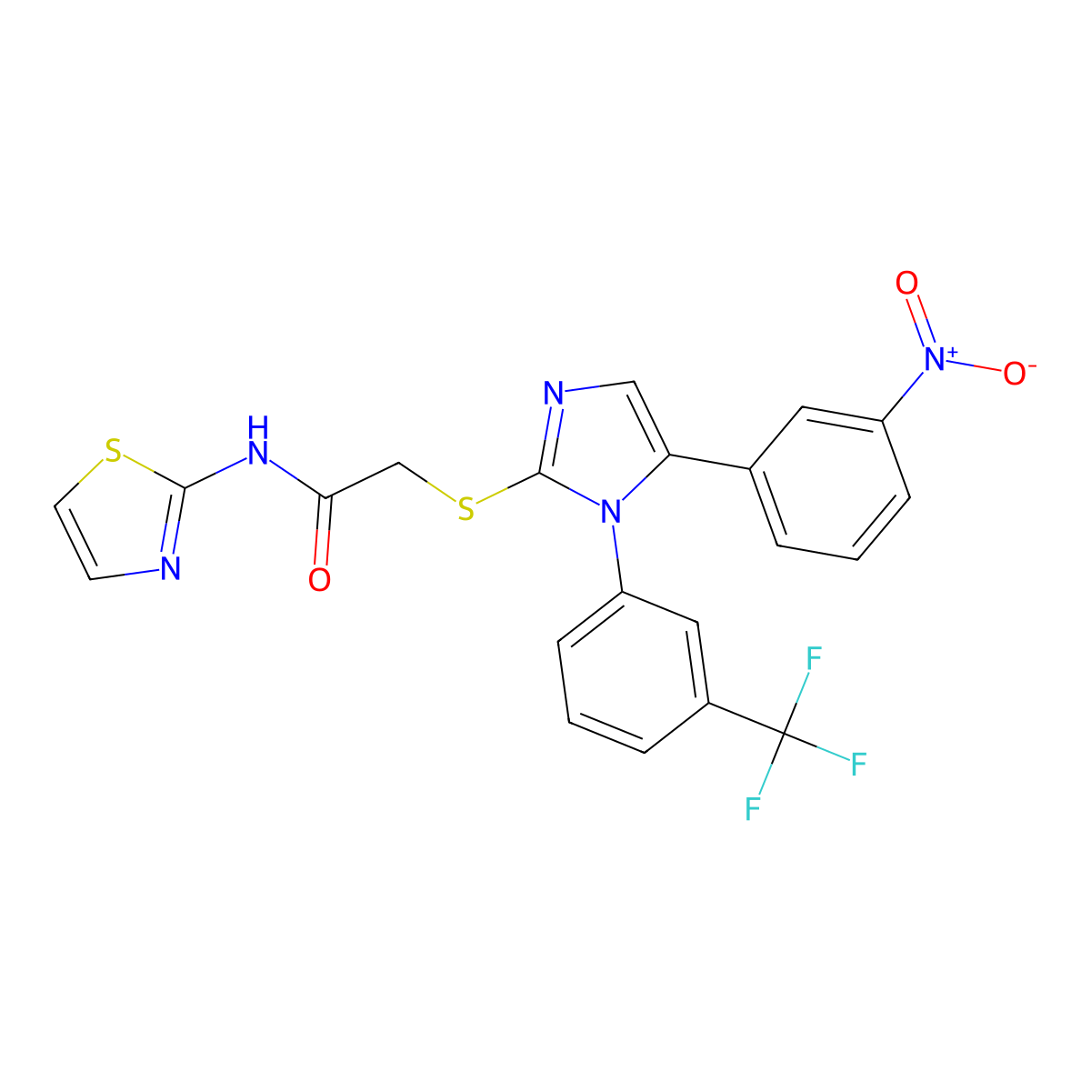 2-((5-(3-nitrophenyl)-1-(3-(trifluoromethyl)phenyl)-1H-imidazol-2-yl)thio)-N-(thiazol-2-yl)acetamide molecular structure, CAS 1226449-31-5