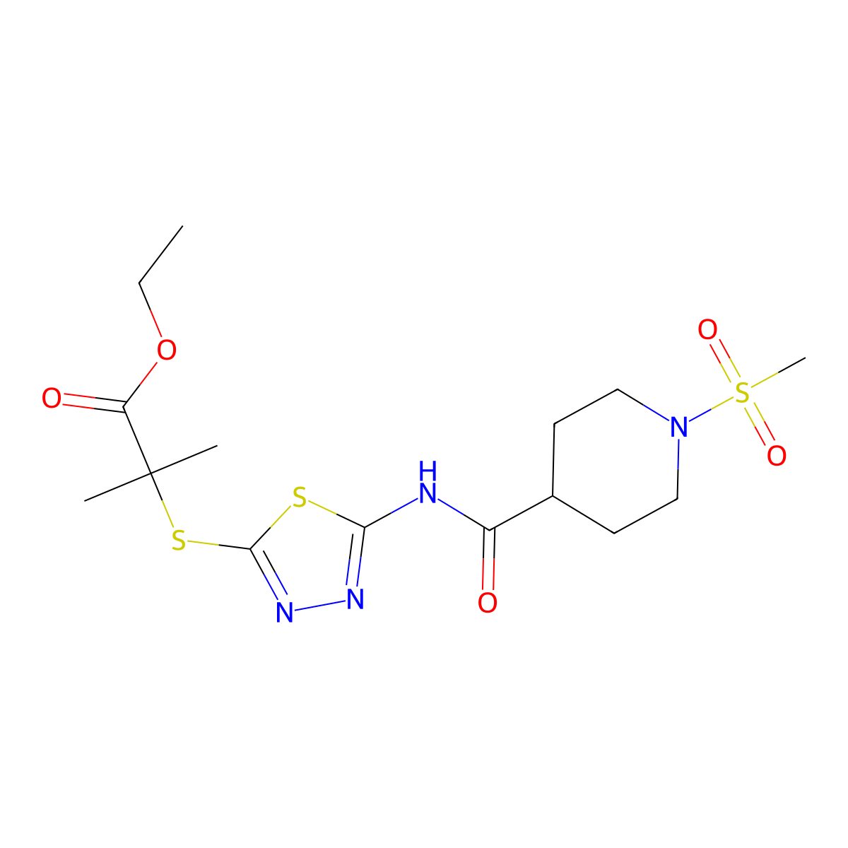 Ethyl 2-methyl-2-((5-(1-(methylsulfonyl)piperidine-4-carboxamido)-1,3,4-thiadiazol-2-yl)thio)propanoate molecular structure, CAS 1226449-43-9