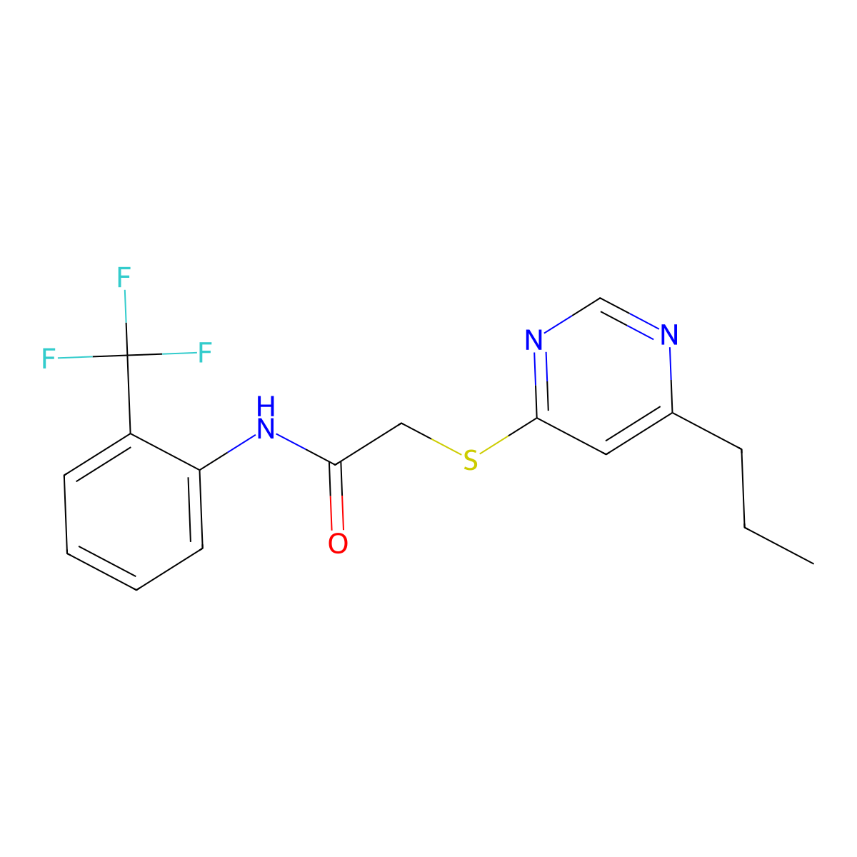 2-((6-propylpyrimidin-4-yl)thio)-N-(2-(trifluoromethyl)phenyl)acetamide molecular structure, CAS 1226449-50-8