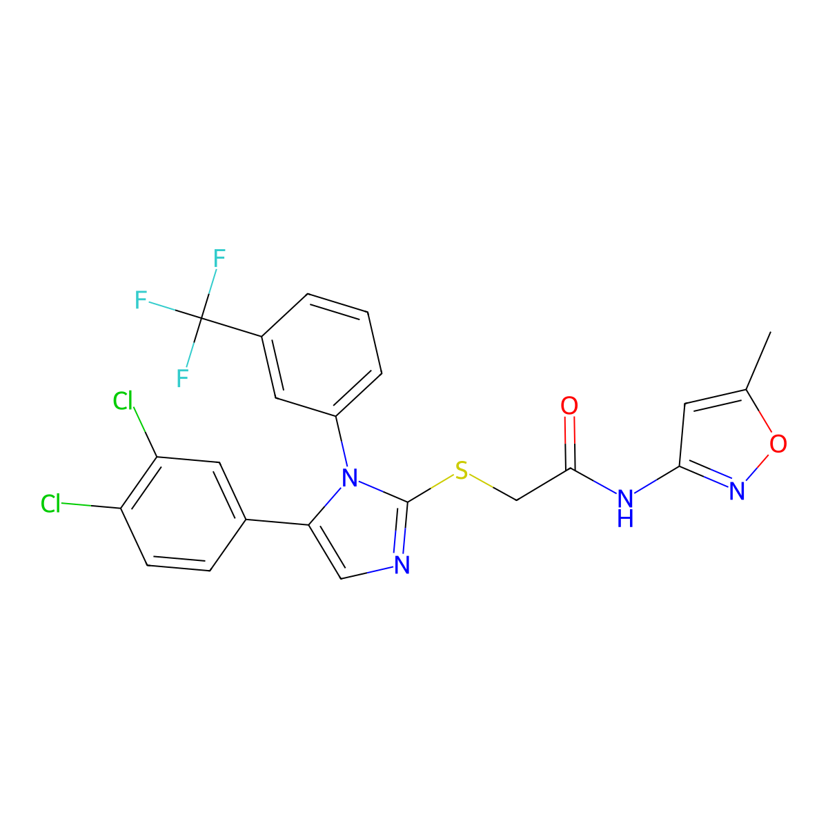 2-((5-(3,4-dichlorophenyl)-1-(3-(trifluoromethyl)phenyl)-1H-imidazol-2-yl)thio)-N-(5-methylisoxazol-3-yl)acetamide molecular structure, CAS 1226449-53-1