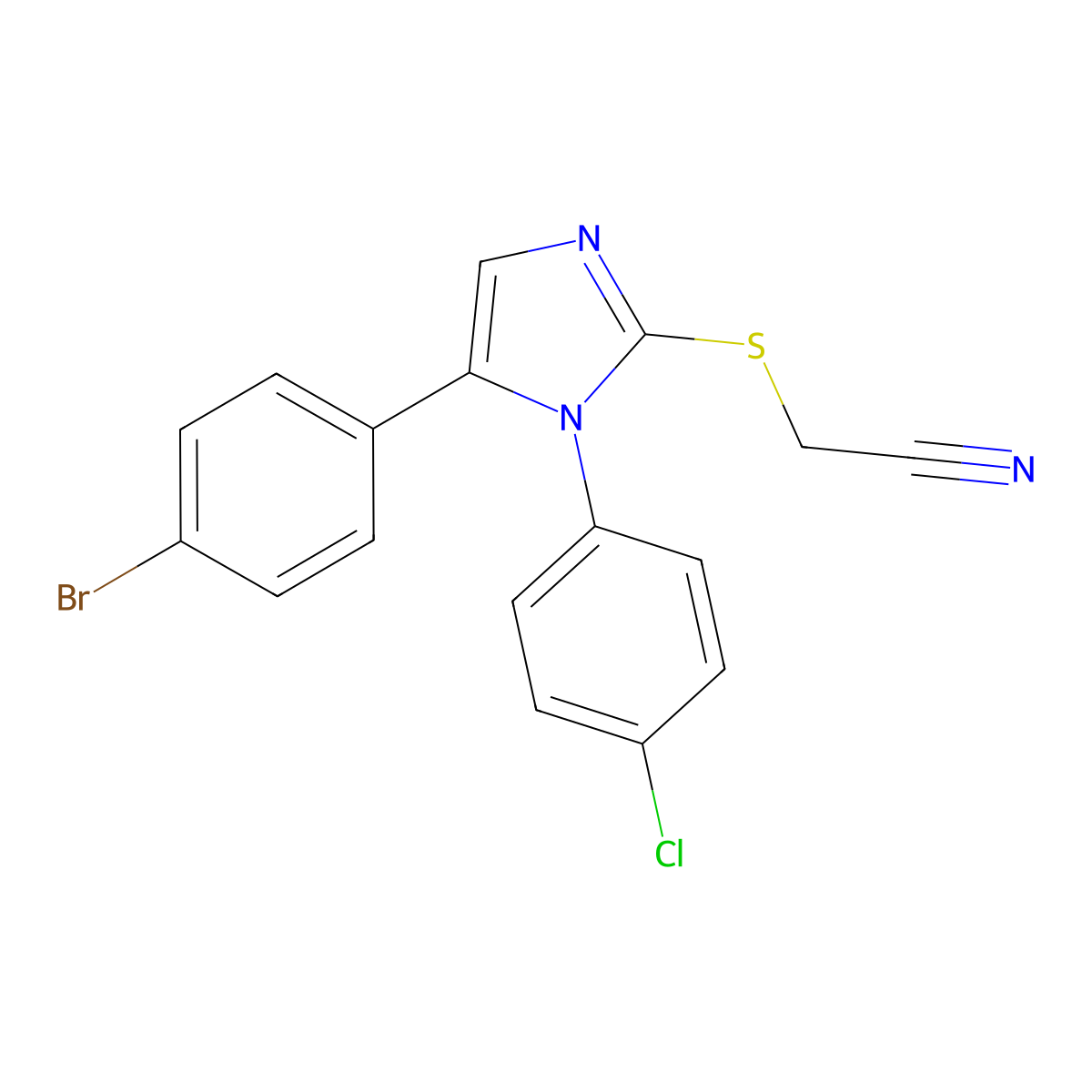 2-((5-(4-bromophenyl)-1-(4-chlorophenyl)-1H-imidazol-2-yl)thio)acetonitrile molecular structure, CAS 1226449-55-3