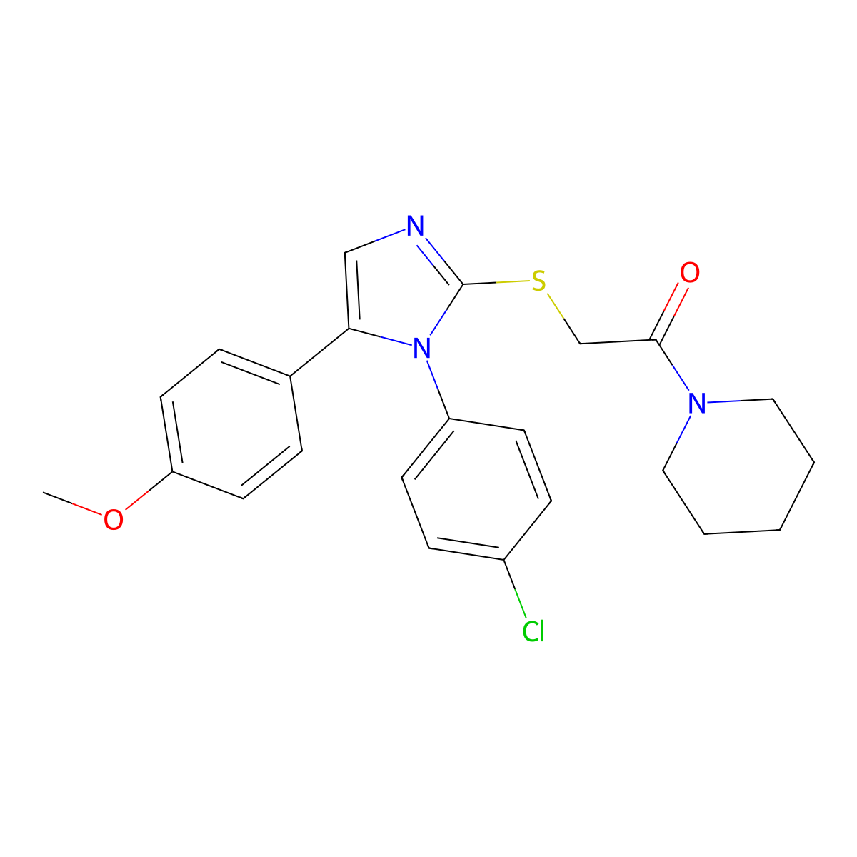 2-((1-(4-chlorophenyl)-5-(4-methoxyphenyl)-1H-imidazol-2-yl)thio)-1-(piperidin-1-yl)ethanone molecular structure, CAS 1226449-64-4
