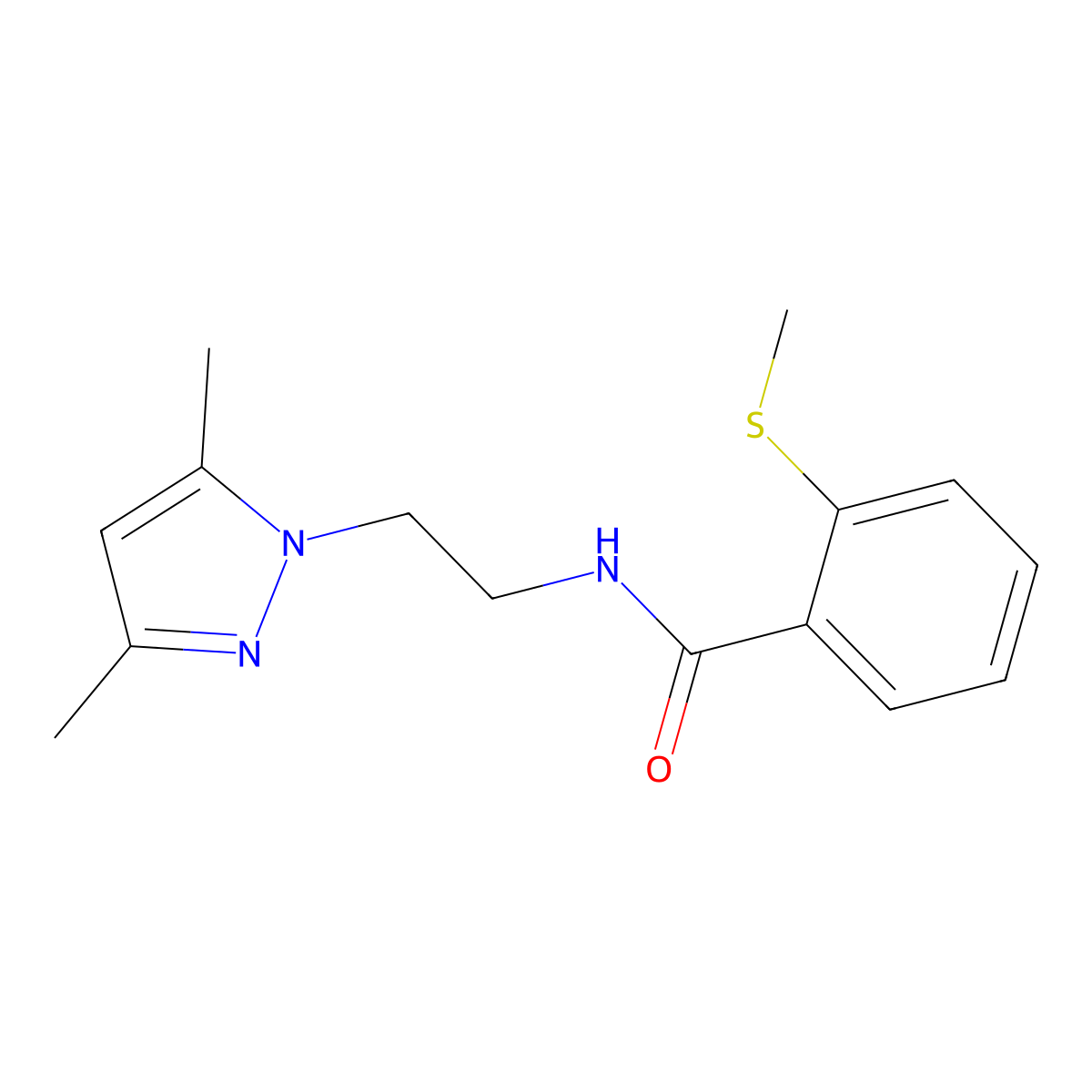N-(2-(3,5-dimethyl-1H-pyrazol-1-yl)ethyl)-2-(methylthio)benzamide molecular structure, CAS 1226449-68-8
