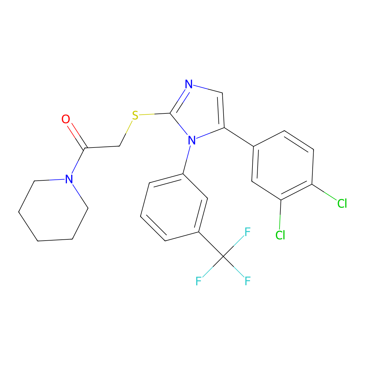 2-((5-(3,4-dichlorophenyl)-1-(3-(trifluoromethyl)phenyl)-1H-imidazol-2-yl)thio)-1-(piperidin-1-yl)ethanone molecular structure, CAS 1226449-71-3