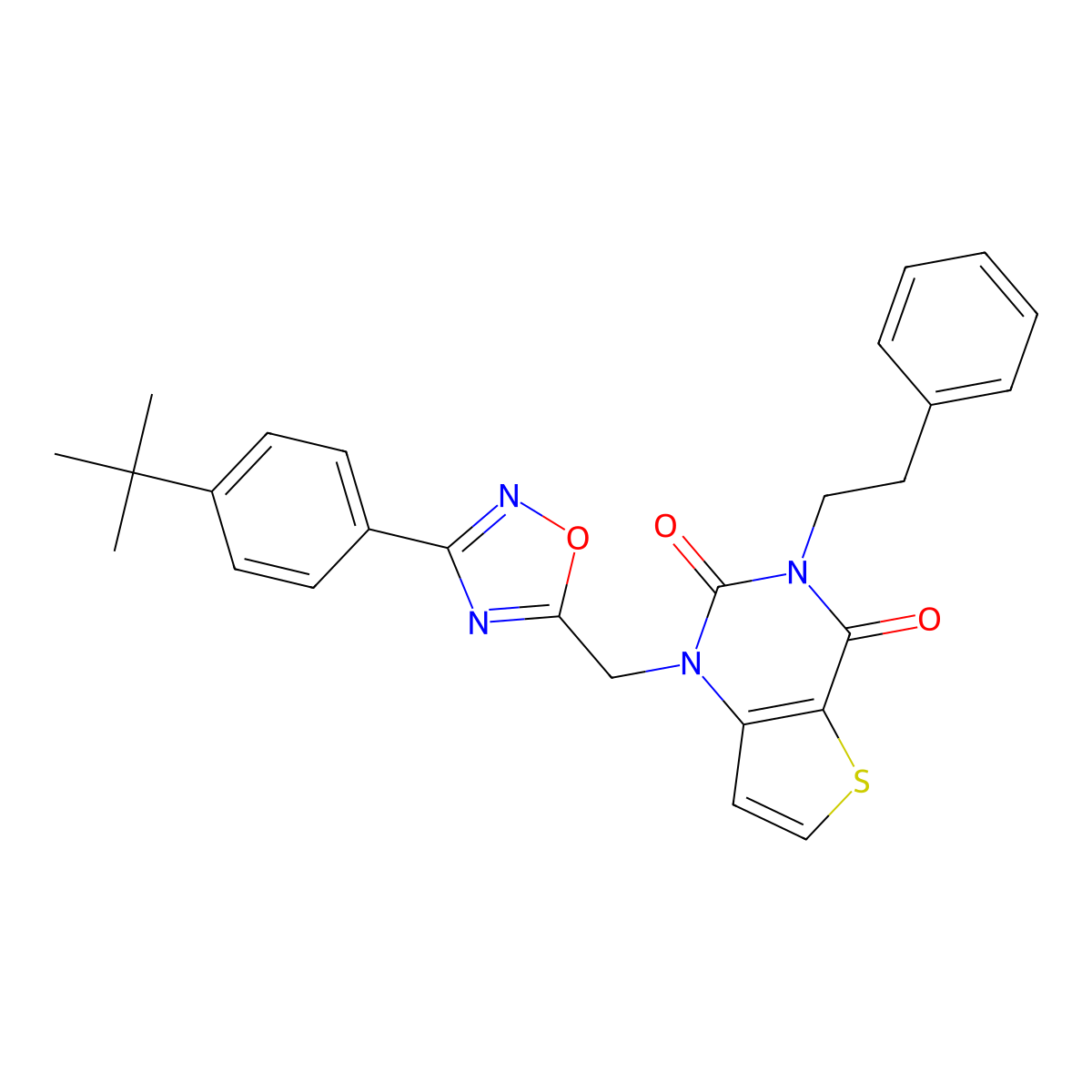 1-((3-(4-(tert-butyl)phenyl)-1,2,4-oxadiazol-5-yl)methyl)-3-phenethylthieno[3,2-d]pyrimidine-2,4(1H,3H)-dione molecular structure, CAS 1226449-79-1