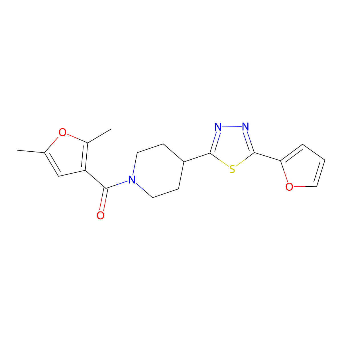 (2,5-Dimethylfuran-3-yl)(4-(5-(furan-2-yl)-1,3,4-thiadiazol-2-yl)piperidin-1-yl)methanone molecular structure, CAS 1226450-06-1
