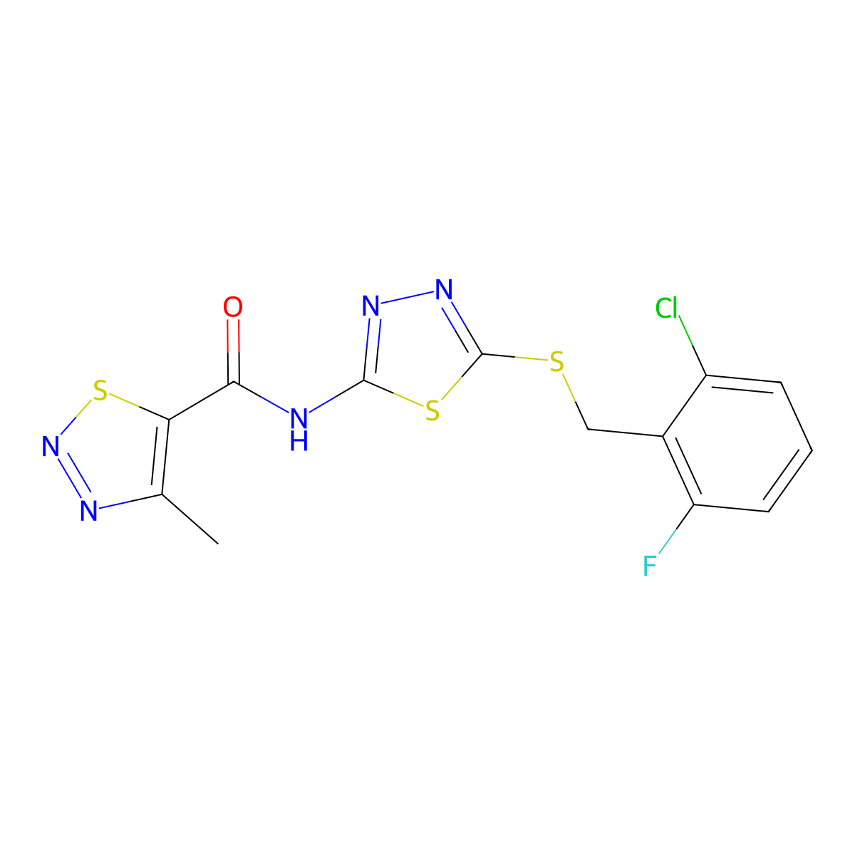 N-(5-((2-chloro-6-fluorobenzyl)thio)-1,3,4-thiadiazol-2-yl)-4-methyl-1,2,3-thiadiazole-5-carboxamide molecular structure, CAS 1226450-13-0