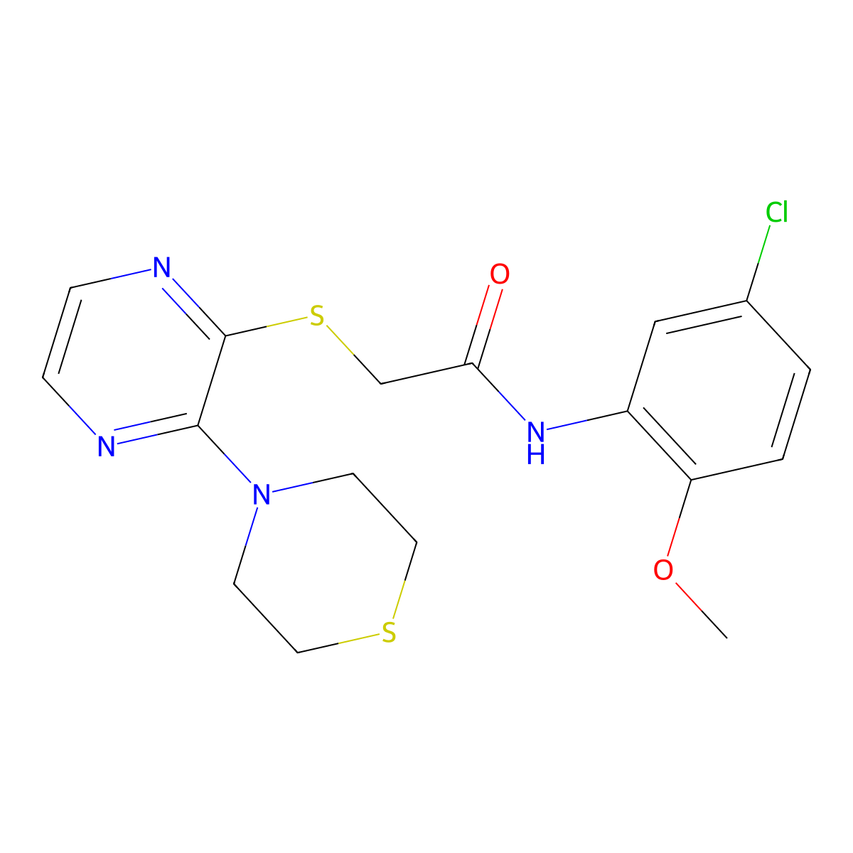 N-(5-chloro-2-methoxyphenyl)-2-((3-thiomorpholinopyrazin-2-yl)thio)acetamide molecular structure, CAS 1226450-37-8