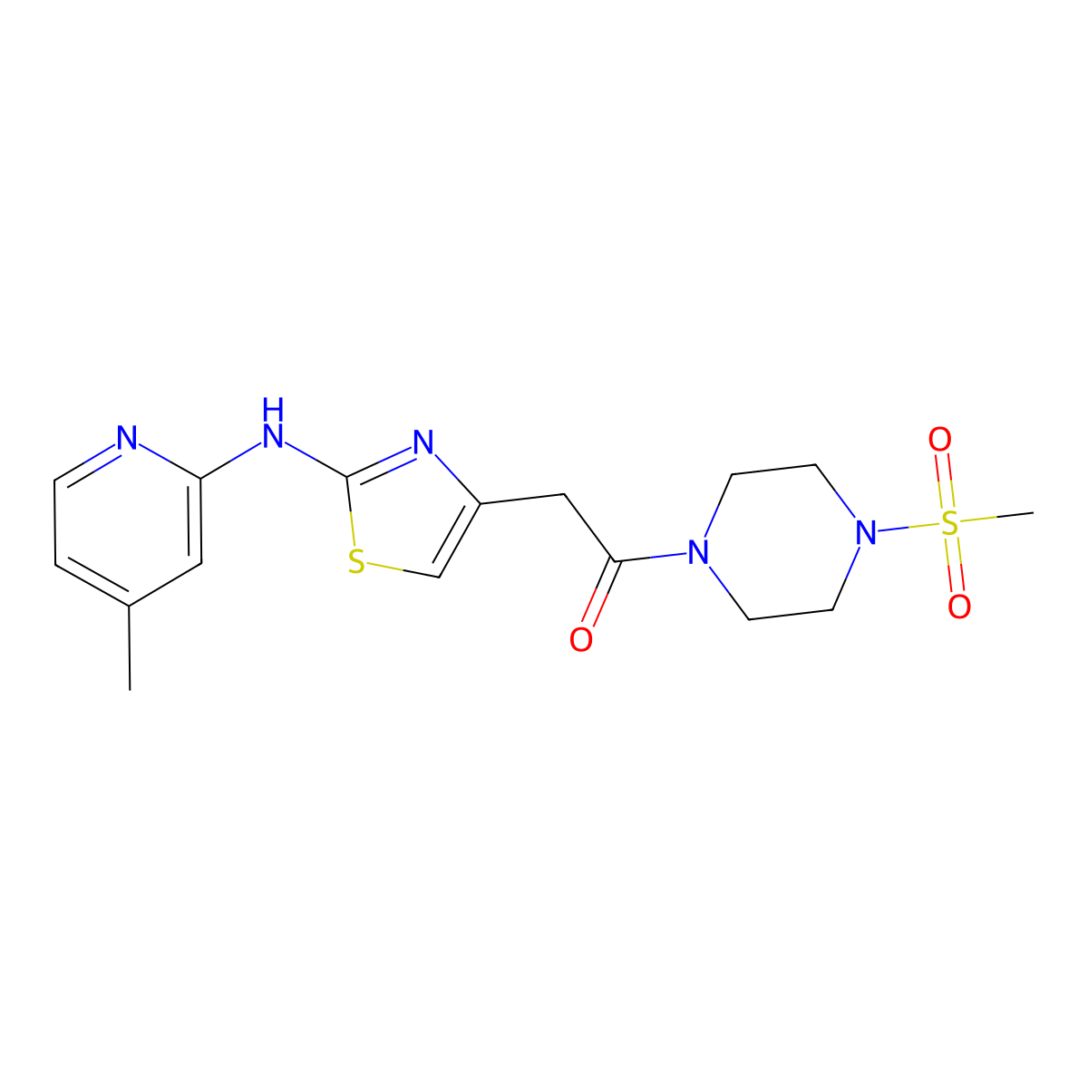 2-(2-((4-Methylpyridin-2-yl)amino)thiazol-4-yl)-1-(4-(methylsulfonyl)piperazin-1-yl)ethanone molecular structure, CAS 1226450-39-0