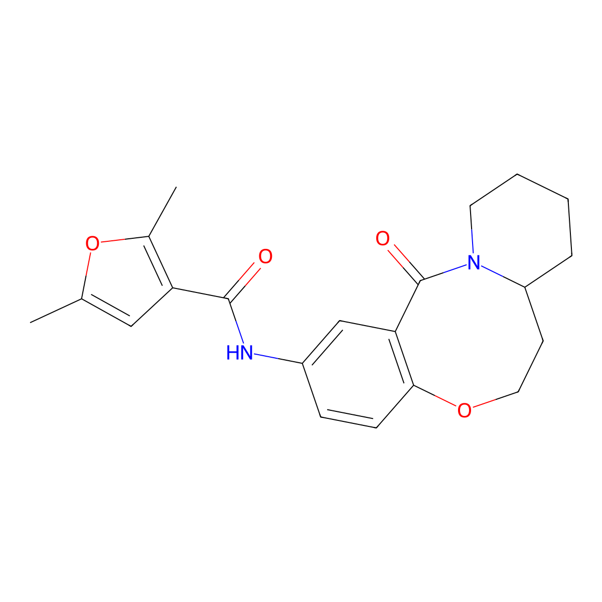 2,5-dimethyl-N-{2-oxo-9-oxa-1-azatricyclo[10.4.0.0^{3,8}]hexadeca-3,5,7-trien-5-yl}furan-3-carboxamide molecular structure, CAS 1226450-40-3