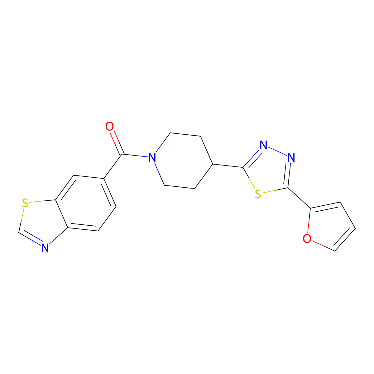 Benzo[d]thiazol-6-yl(4-(5-(furan-2-yl)-1,3,4-thiadiazol-2-yl)piperidin-1-yl)methanone molecular structure, CAS 1226450-50-5