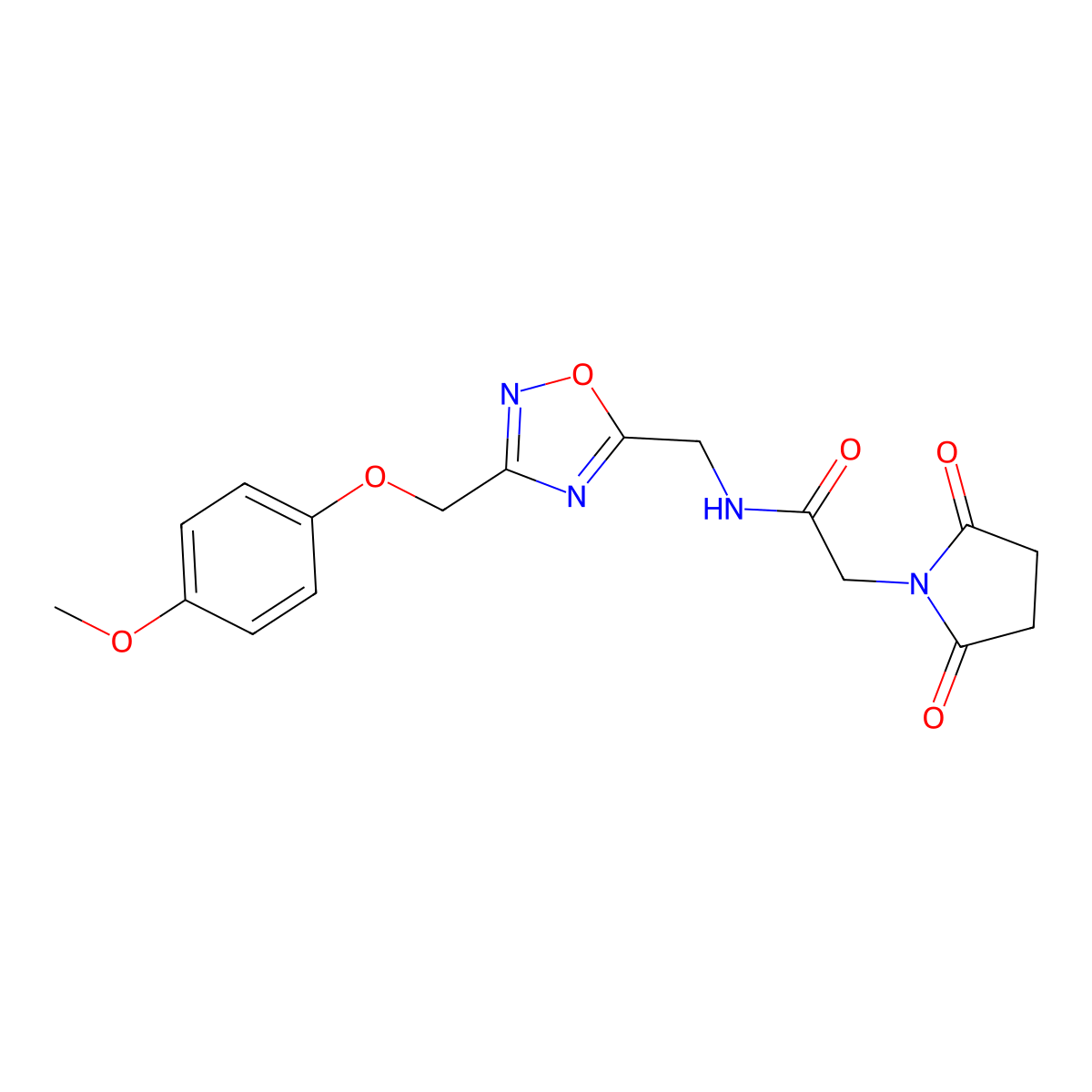 2-(2,5-dioxopyrrolidin-1-yl)-N-((3-((4-methoxyphenoxy)methyl)-1,2,4-oxadiazol-5-yl)methyl)acetamide molecular structure, CAS 1226450-82-3