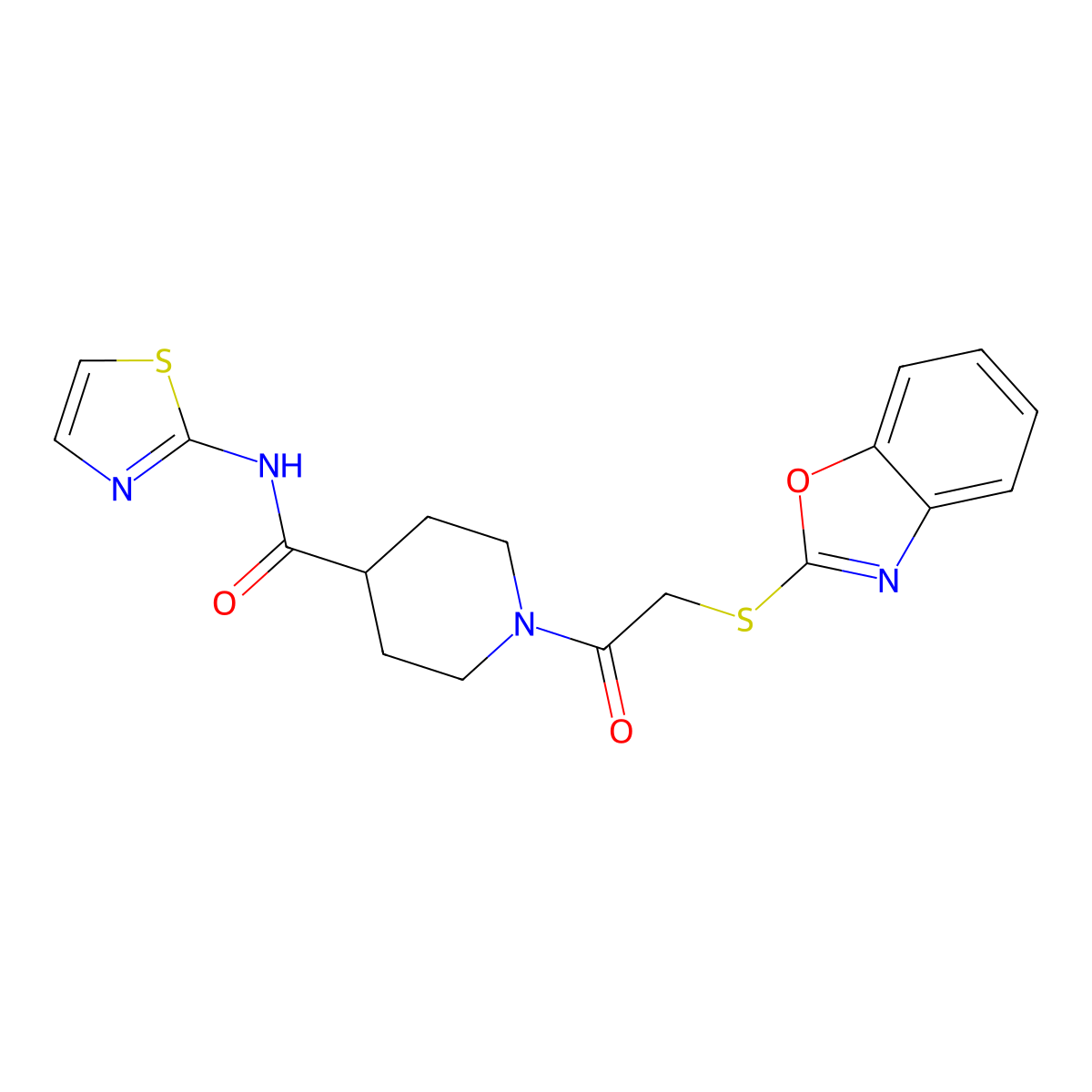1-(2-(benzo[d]oxazol-2-ylthio)acetyl)-N-(thiazol-2-yl)piperidine-4-carboxamide molecular structure, CAS 1226450-96-9
