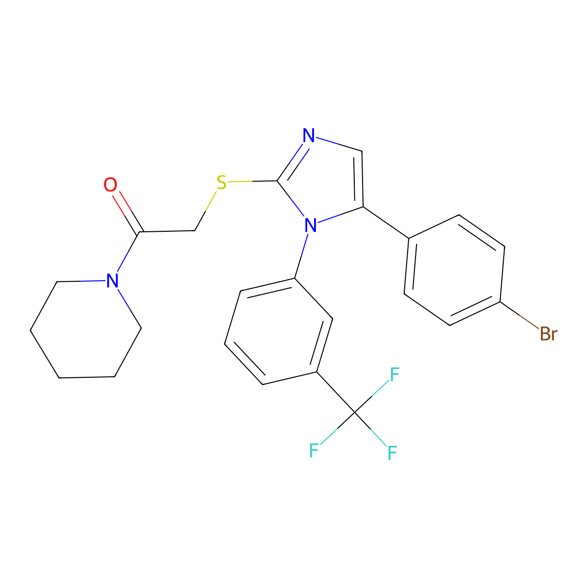 2-((5-(4-bromophenyl)-1-(3-(trifluoromethyl)phenyl)-1H-imidazol-2-yl)thio)-1-(piperidin-1-yl)ethanone molecular structure, CAS 1226451-02-0