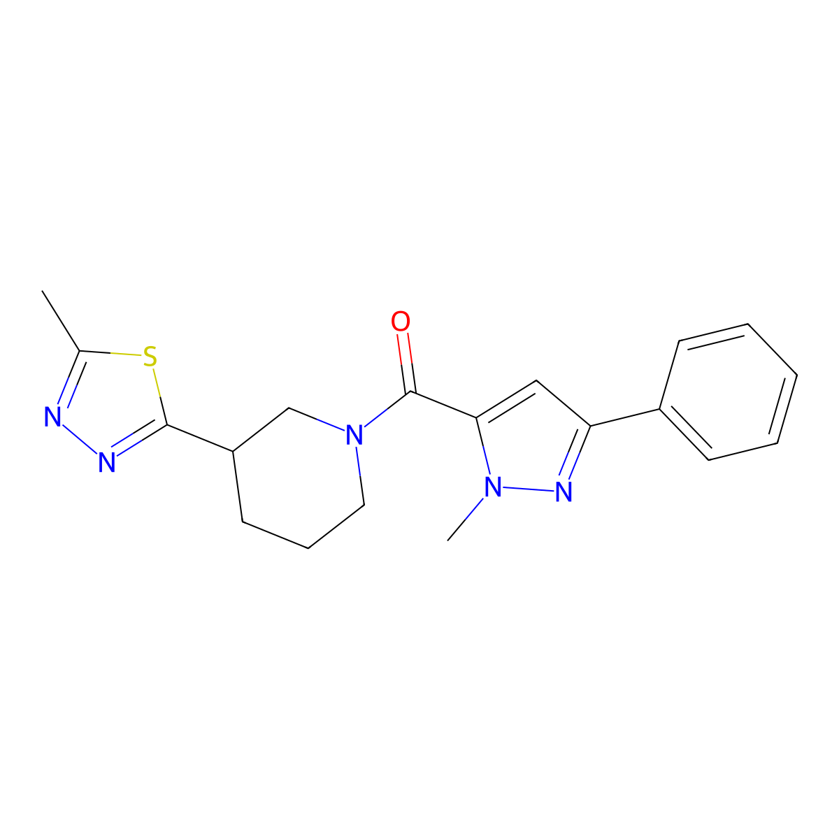 3-(5-methyl-1,3,4-thiadiazol-2-yl)-1-(1-methyl-3-phenyl-1H-pyrazole-5-carbonyl)piperidine molecular structure, CAS 1226451-03-1