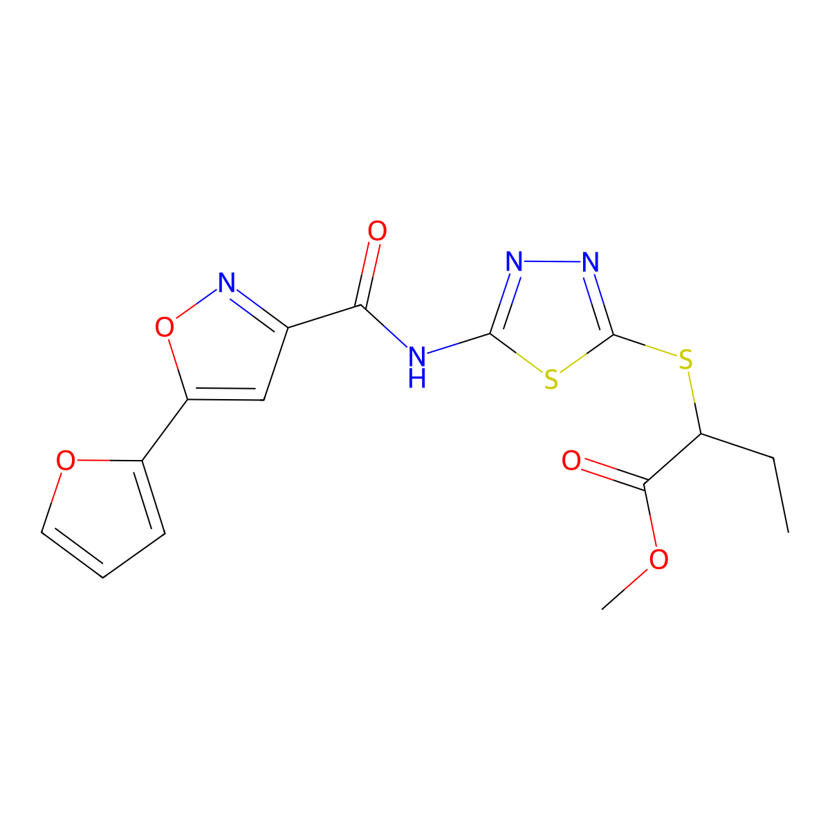 Methyl 2-((5-(5-(furan-2-yl)isoxazole-3-carboxamido)-1,3,4-thiadiazol-2-yl)thio)butanoate molecular structure, CAS 1226451-07-5