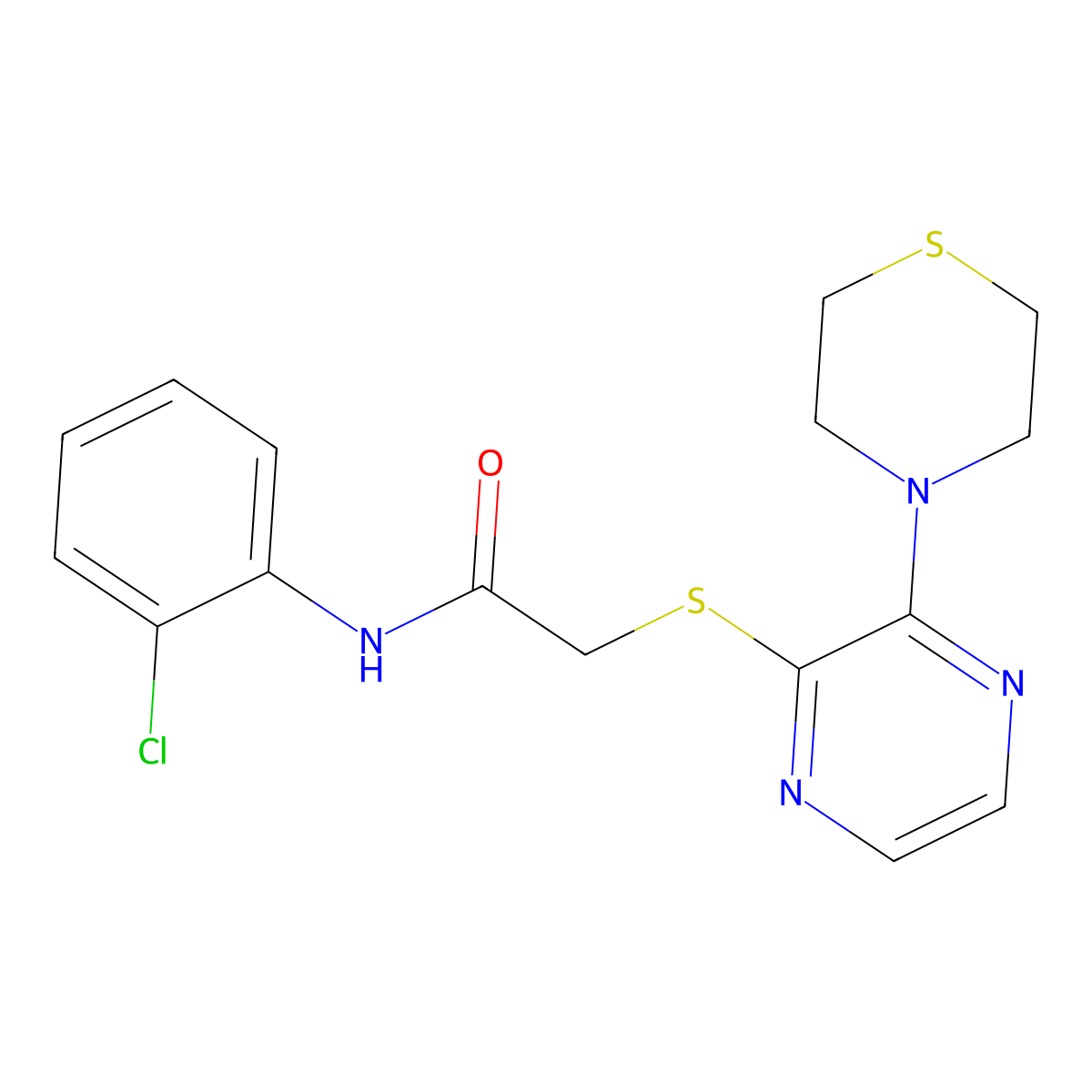N-(2-chlorophenyl)-2-((3-thiomorpholinopyrazin-2-yl)thio)acetamide molecular structure, CAS 1226451-23-5