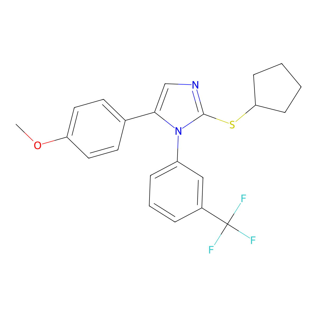 2-(cyclopentylthio)-5-(4-methoxyphenyl)-1-(3-(trifluoromethyl)phenyl)-1H-imidazole molecular structure, CAS 1226451-24-6