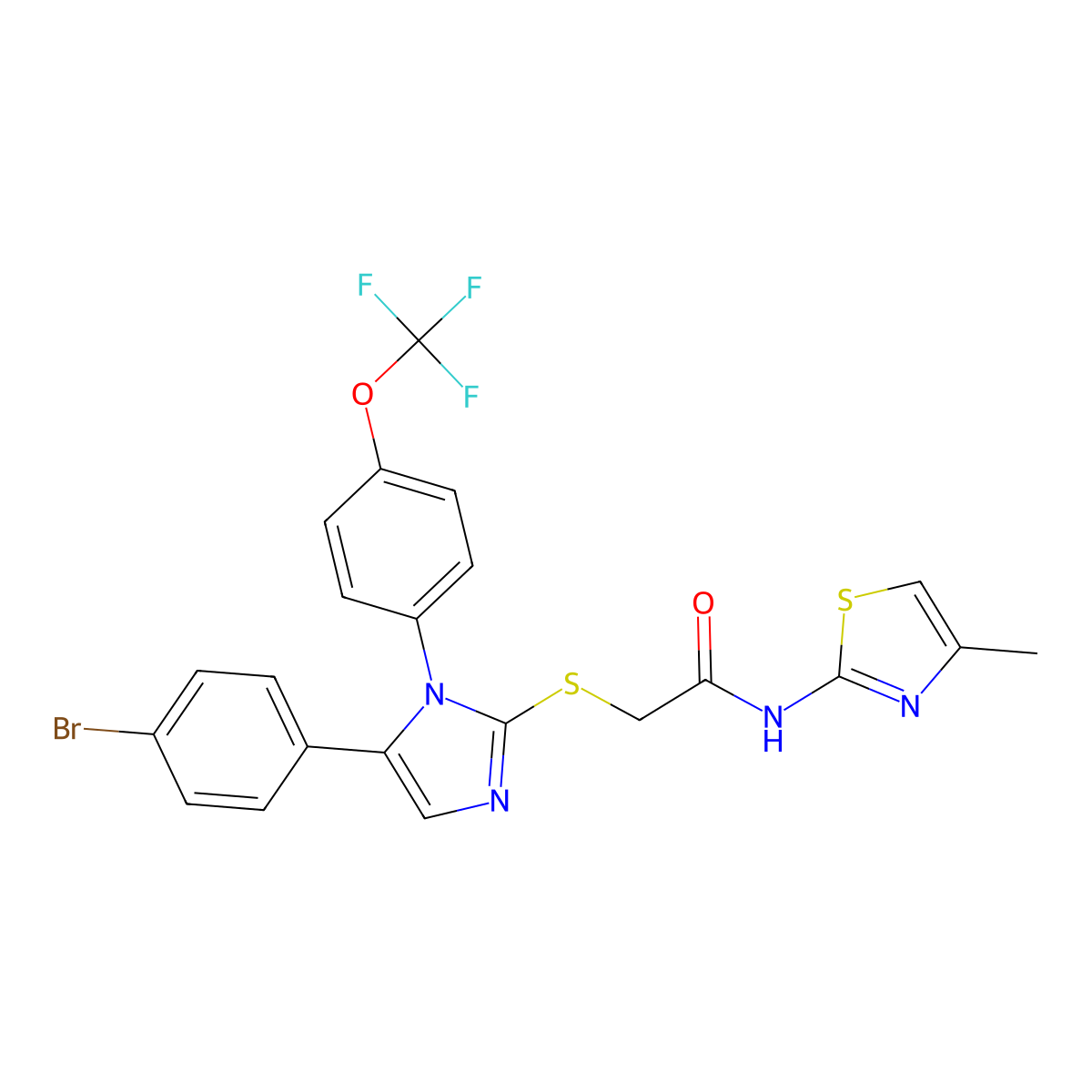 2-((5-(4-bromophenyl)-1-(4-(trifluoromethoxy)phenyl)-1H-imidazol-2-yl)thio)-N-(4-methylthiazol-2-yl)acetamide molecular structure, CAS 1226451-53-1