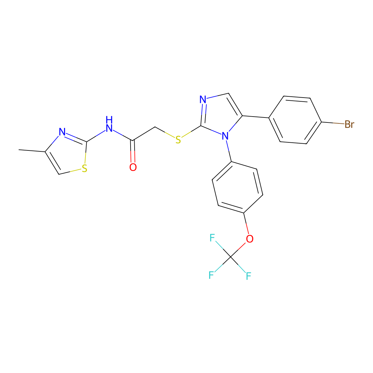 2-((5-(4-bromophenyl)-1-(4-(trifluoromethoxy)phenyl)-1H-imidazol-2-yl)thio)-N-(4-methylthiazol-2-yl)acetamide molecular structure, CAS 1226451-53-1