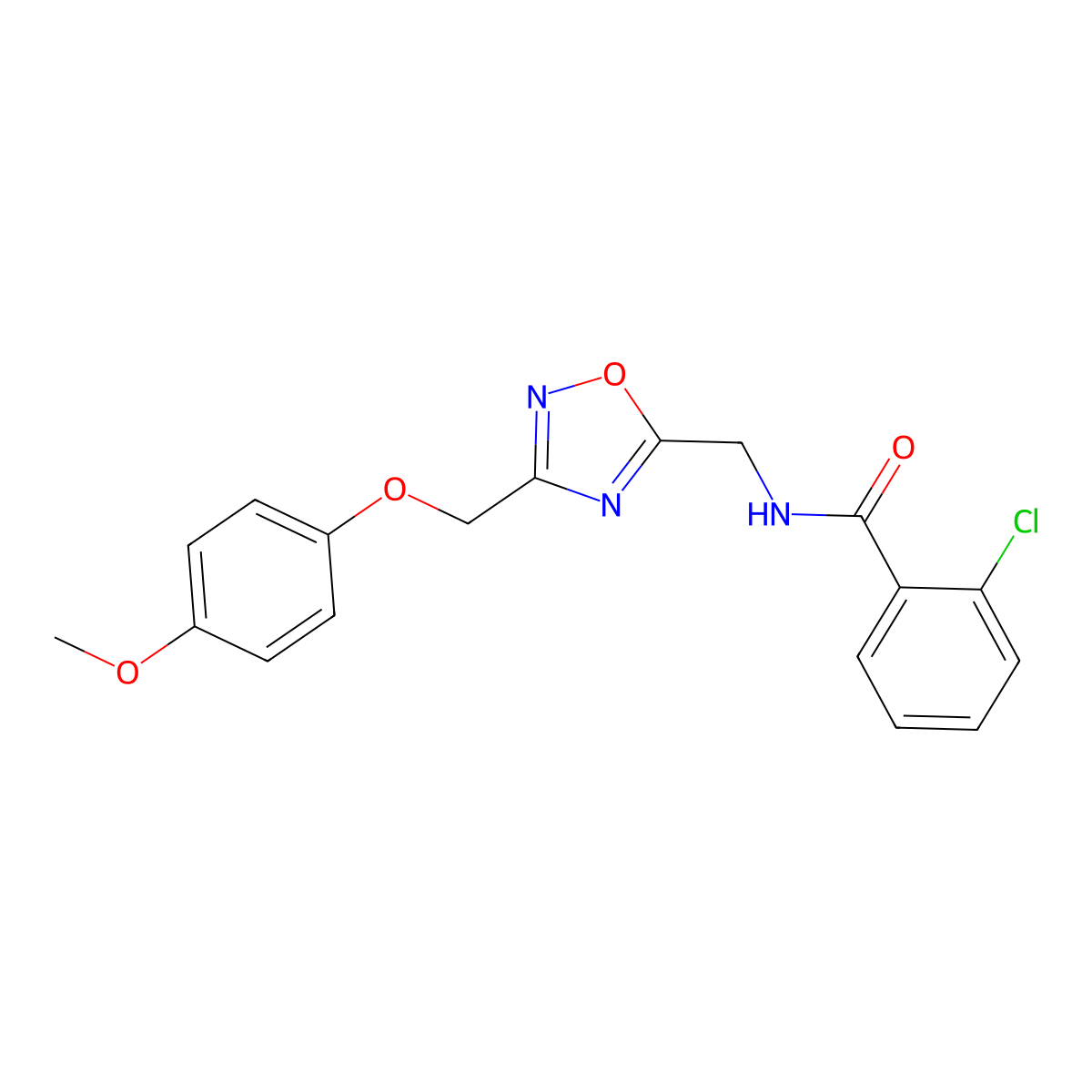 2-chloro-N-((3-((4-methoxyphenoxy)methyl)-1,2,4-oxadiazol-5-yl)methyl)benzamide molecular structure, CAS 1226451-57-5