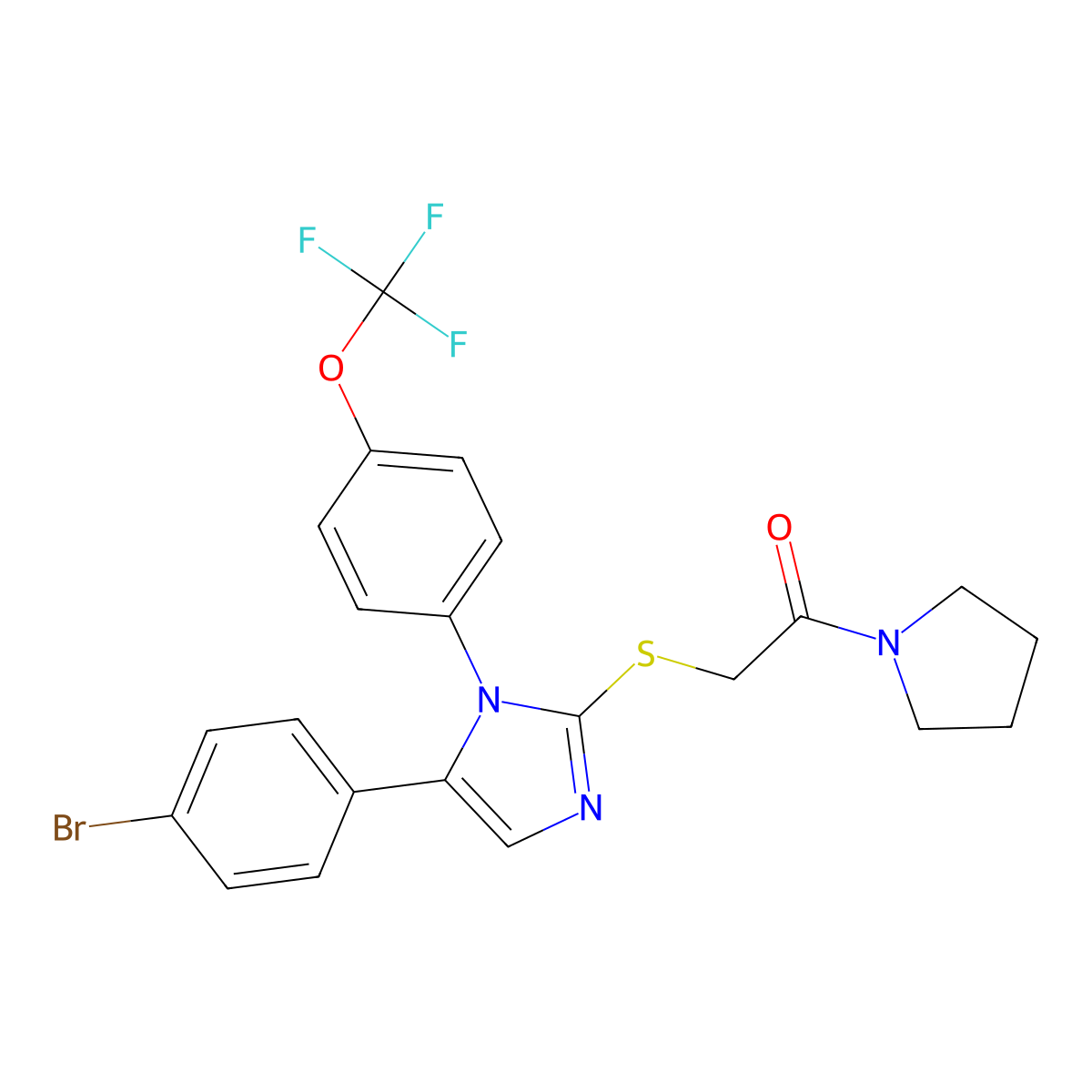 2-((5-(4-bromophenyl)-1-(4-(trifluoromethoxy)phenyl)-1H-imidazol-2-yl)thio)-1-(pyrrolidin-1-yl)ethanone molecular structure, CAS 1226451-60-0