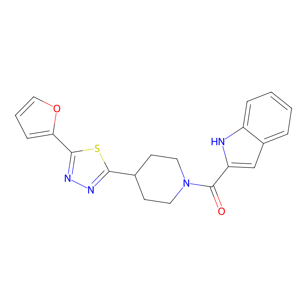 (4-(5-(furan-2-yl)-1,3,4-thiadiazol-2-yl)piperidin-1-yl)(1H-indol-2-yl)methanone molecular structure, CAS 1226451-61-1