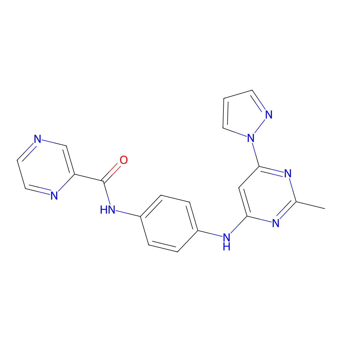 N-(4-((2-methyl-6-(1H-pyrazol-1-yl)pyrimidin-4-yl)amino)phenyl)pyrazine-2-carboxamide molecular structure, CAS 1226451-63-3