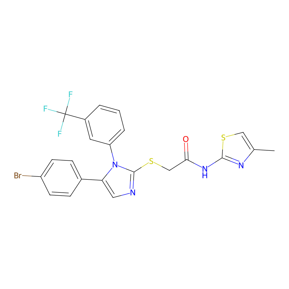 2-((5-(4-bromophenyl)-1-(3-(trifluoromethyl)phenyl)-1H-imidazol-2-yl)thio)-N-(4-methylthiazol-2-yl)acetamide molecular structure, CAS 1226451-69-9