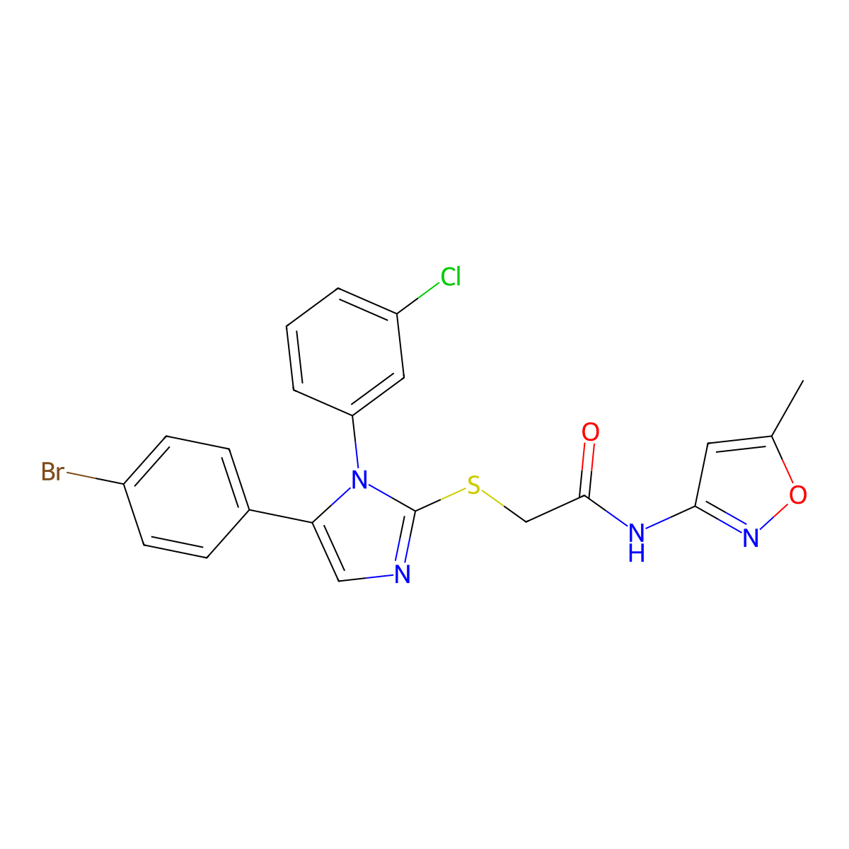 2-((5-(4-bromophenyl)-1-(3-chlorophenyl)-1H-imidazol-2-yl)thio)-N-(5-methylisoxazol-3-yl)acetamide molecular structure, CAS 1226451-70-2