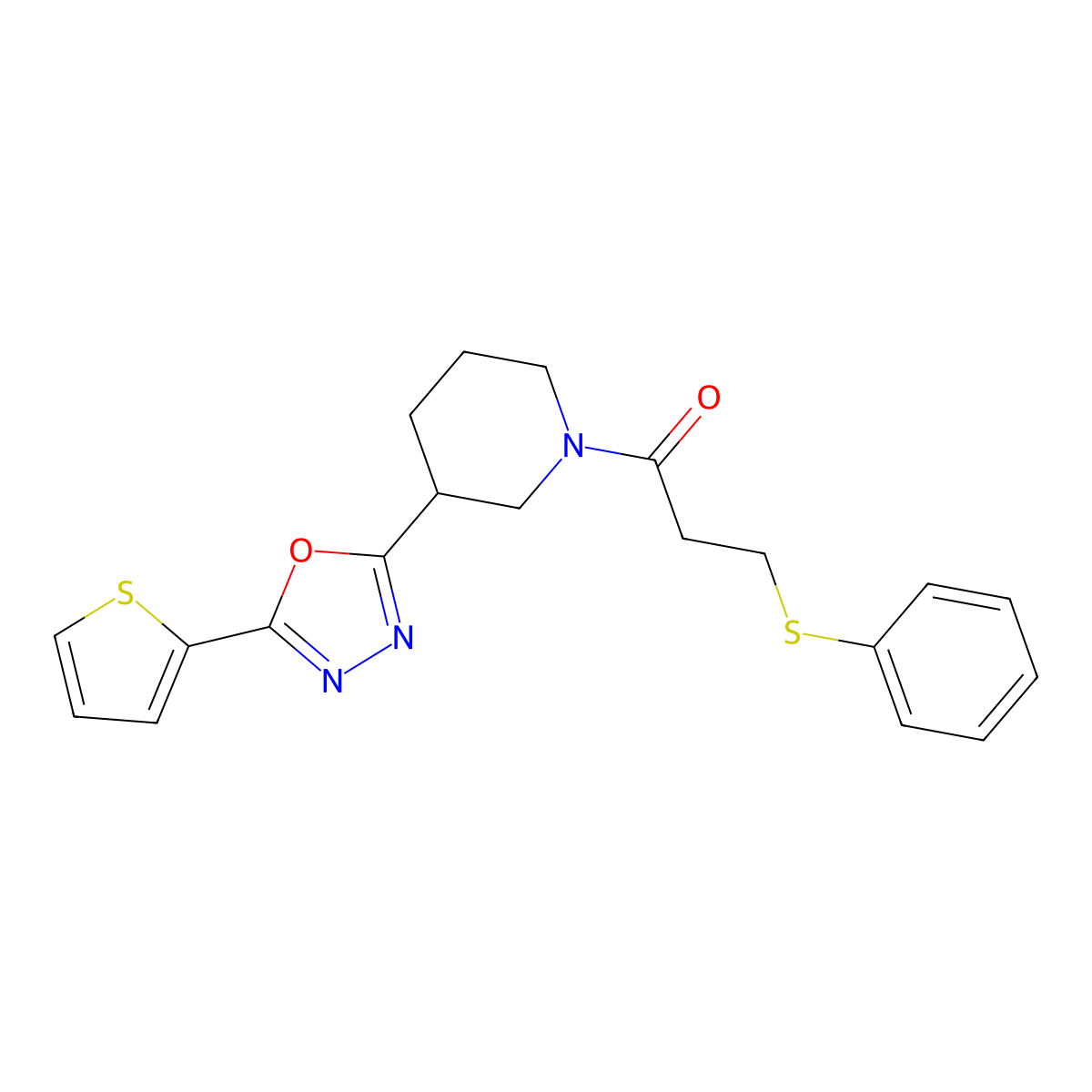 3-(Phenylthio)-1-(3-(5-(thiophen-2-yl)-1,3,4-oxadiazol-2-yl)piperidin-1-yl)propan-1-one molecular structure, CAS 1226453-00-4