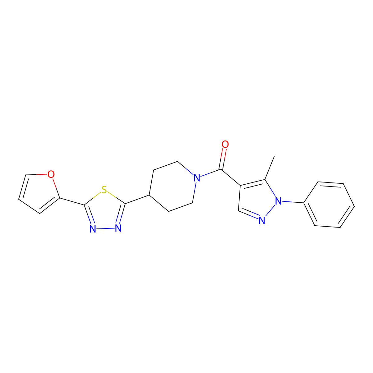 (4-(5-(furan-2-yl)-1,3,4-thiadiazol-2-yl)piperidin-1-yl)(5-methyl-1-phenyl-1H-pyrazol-4-yl)methanone molecular structure, CAS 1226453-19-5
