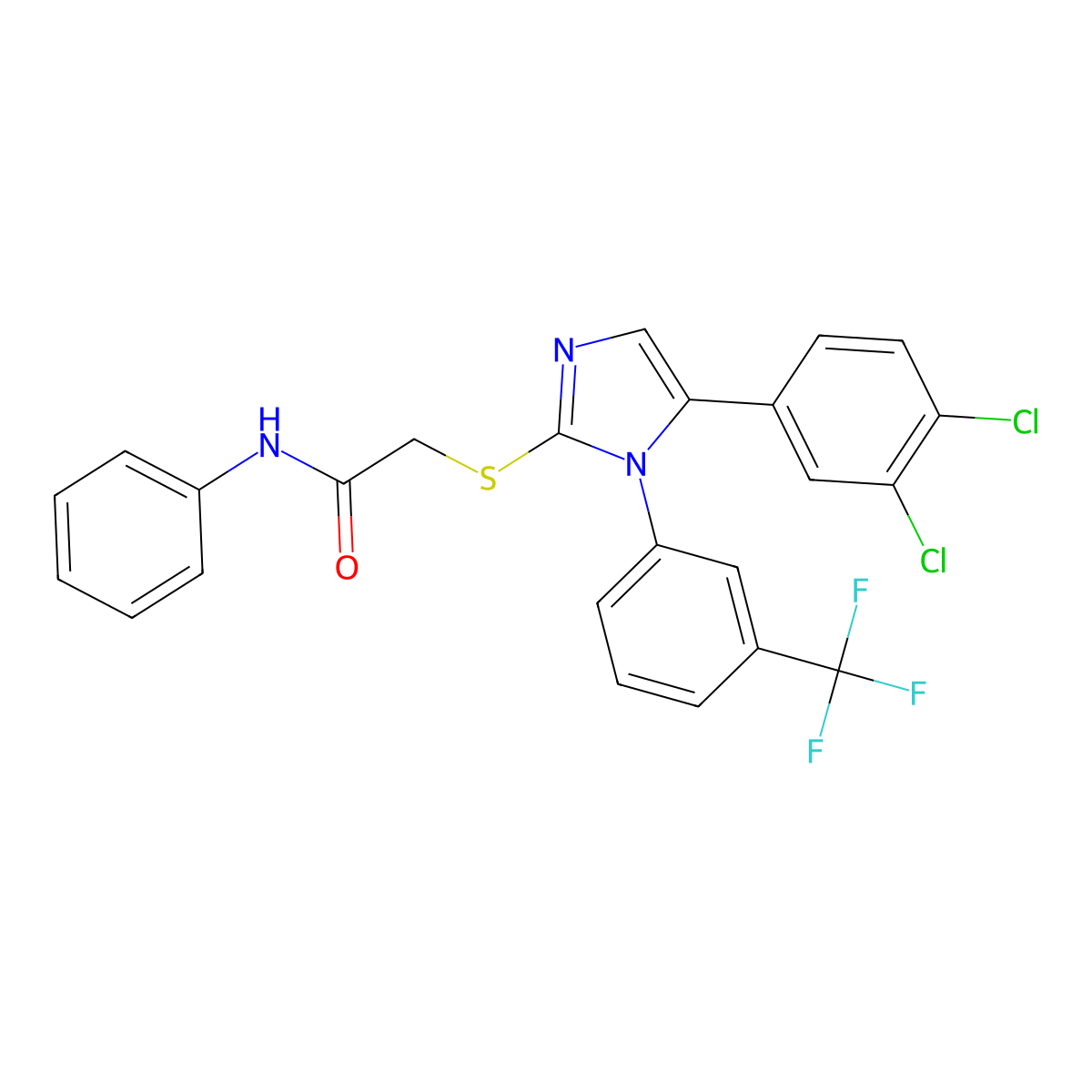 2-((5-(3,4-dichlorophenyl)-1-(3-(trifluoromethyl)phenyl)-1H-imidazol-2-yl)thio)-N-phenylacetamide molecular structure, CAS 1226453-21-9