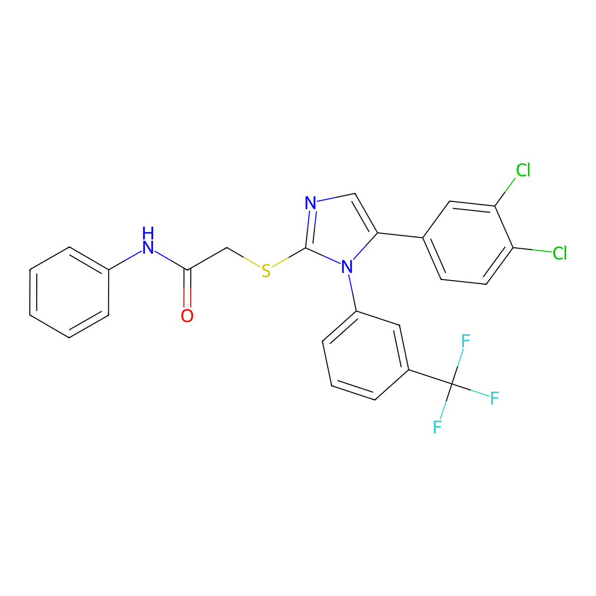 2-((5-(3,4-dichlorophenyl)-1-(3-(trifluoromethyl)phenyl)-1H-imidazol-2-yl)thio)-N-phenylacetamide molecular structure, CAS 1226453-21-9